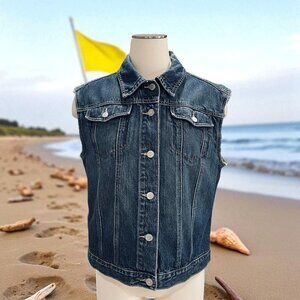 Gap Denim‎ Vest Womens L Sleeveless Blue Jean Jacket Y2K Distressed Grunge